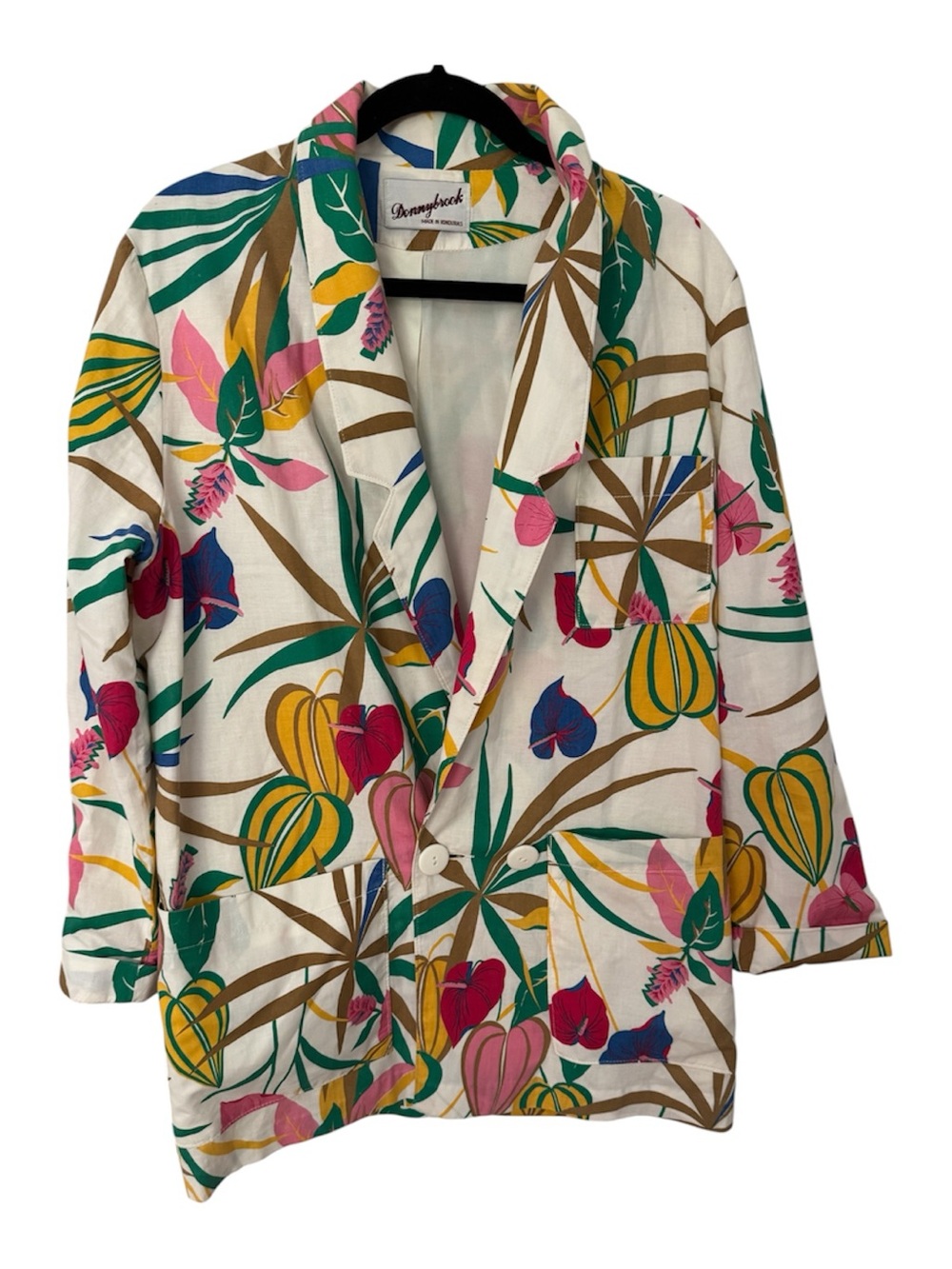 Tropical Floral Print Blazer Jacket - White with Pink & Yellow